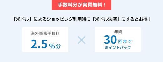 手数料分が実質無料！ 「米ドル」によるショッピング利用時に「米ドル決済」にするとお得！ 海外事務手数料2.5%分×年間30回までポイントバック